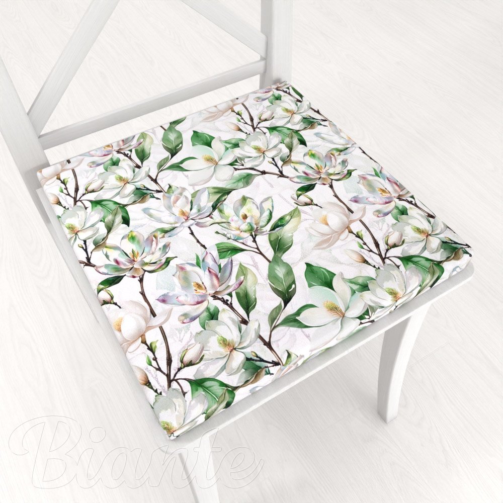Teflónový štvorcový podsedák TF-117 Kvety magnólie na bielom - 38x38x3 cm - Biante.sk