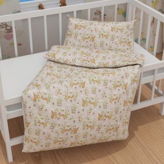 Detské bavlnené posteľné obliečky do postieľky Sandra SA-695 Veveričky a ježkovia na svetlo béžovom - detail 1 - Biante.sk