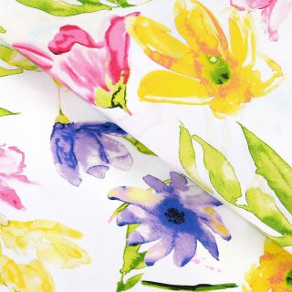 Bavlněná látka/plátno Sandra SA-481 Žluto-růžové akvarelové květy na bílém - šířka 150 cm - Biante.cz