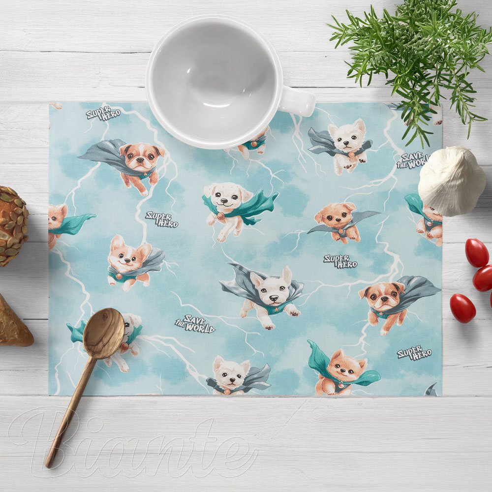 Dětské bavlněné prostírání na stůl Sandra SA-651 Psí superhrdinové na ledově modrém - Biante.cz