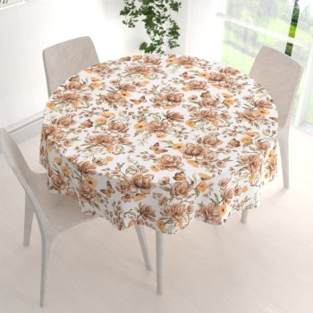 Bavlněný kulatý ubrus Sandra SA-458 Hnědé květy magnolie s motýlky na bílém - detail 1 - Biante.cz Bavlněný kulatý ubrus Sandra SA-458 Hnědé květy magnolie s motýlky na bílém - detail 1 - Biante.cz
