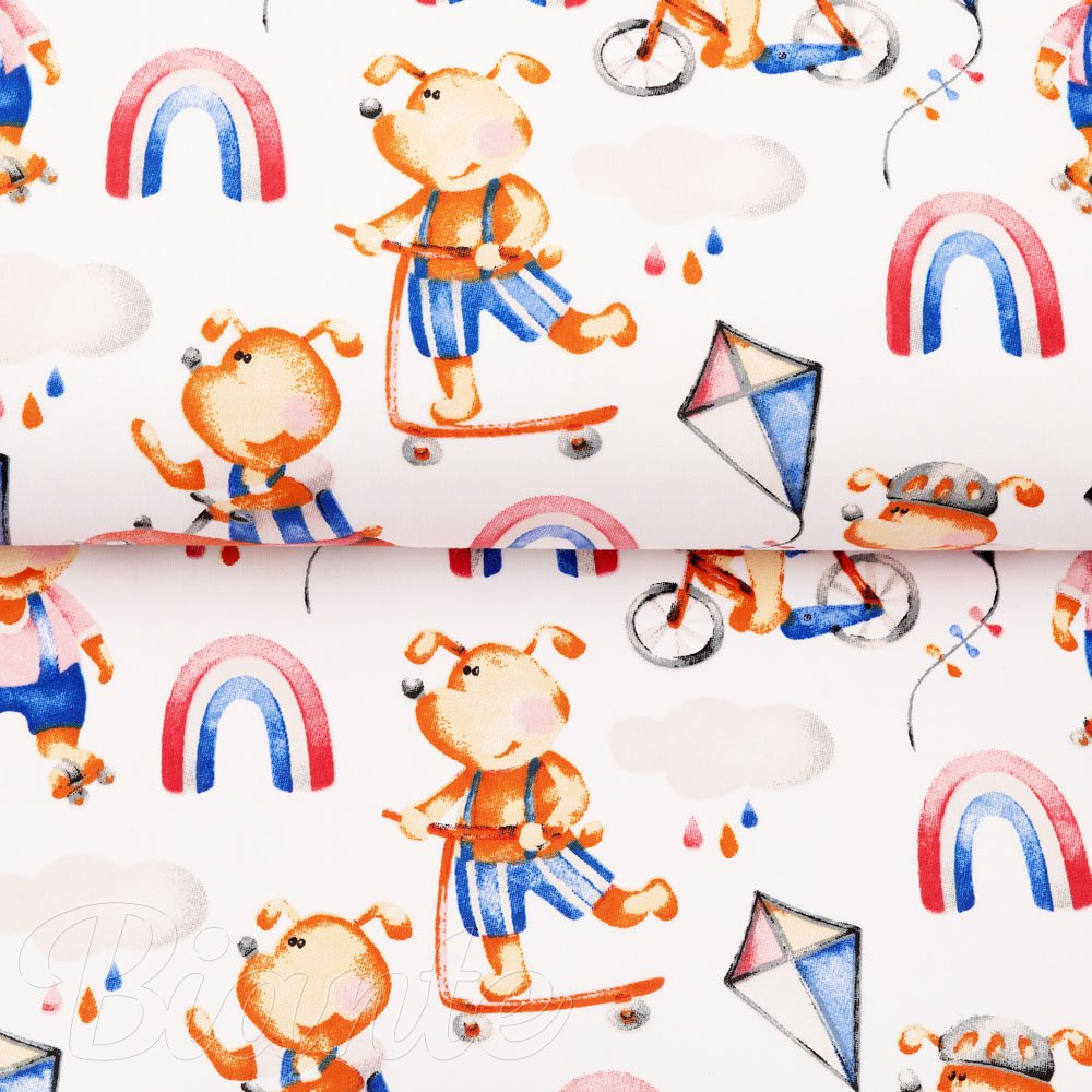 Detská bavlnená látka/plátno Sandra SA-521 Modro-červení psíkovia s autami na bielom - šírka 160 cm - detail 2 - Biante.sk