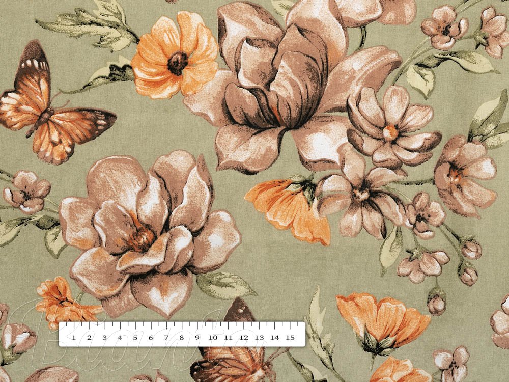 Bavlněná látka/plátno Sandra SA-472 Hnědé květy magnolie na zeleném - šířka 160 cm - detail 3 - Biante.cz Bavlněná látka/plátno Sandra SA-472 Hnědé květy magnolie na zeleném - šířka 160 cm - detail 3 - Biante.cz