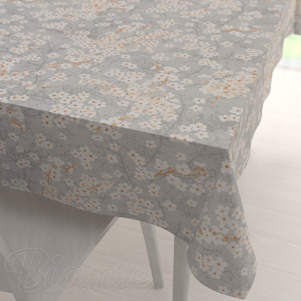 Bavlnený obdĺžnikový obrus Sandra SA-634 Biele čerešňové kvety na sivom - Biante.sk