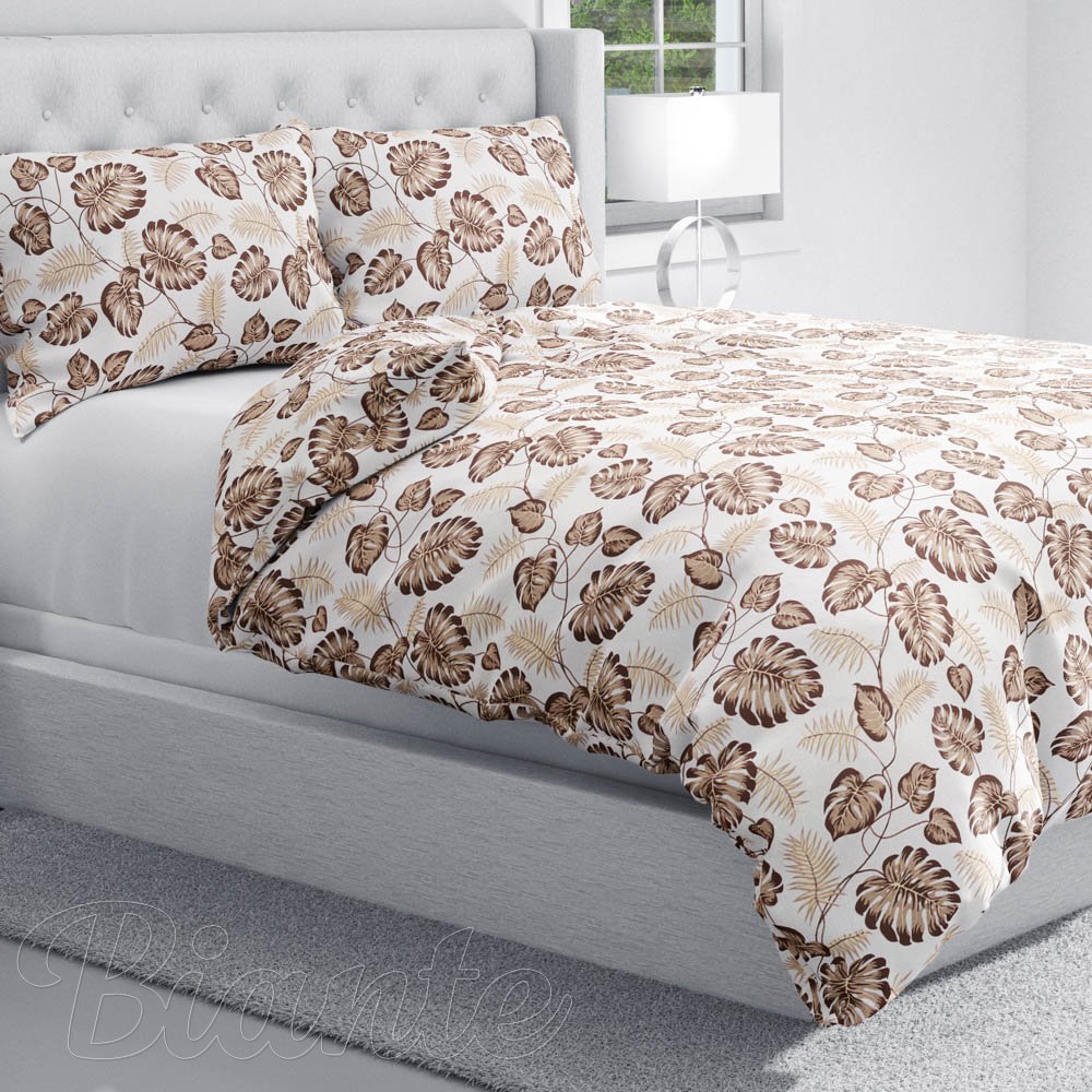 Bavlnené posteľné obliečky Sandra SA-498 Hnedé listy monstery na bielom - detail 1 - Biante.sk