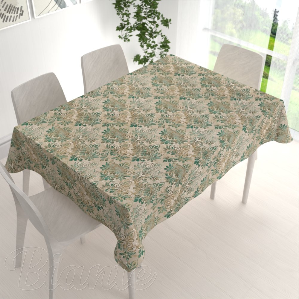 Sametový obdélníkový ubrus Tamara TMR-049 Hnědo-zelený zámecký vzor na světle hnědém - detail 1 - Biante.cz