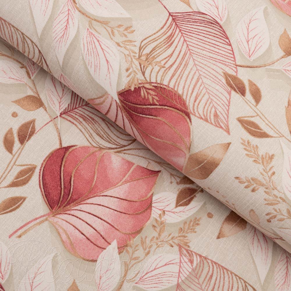 Dekorační látka Leona LN-172 Růžovo-vínové listy na režném - šířka 140 cm a 280 cm - Biante.cz