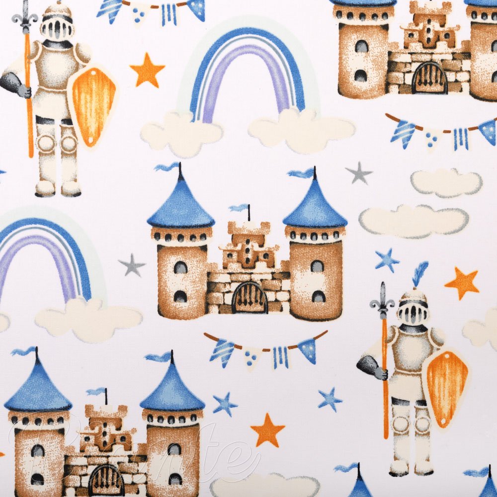 Dětská bavlněná látka/plátno Sandra SA-666 Modro-hnědé hrady a rytíři na bílém - šířka 160 cm - deetail 4 - Biante.cz