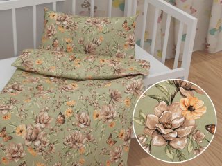 Dětské bavlněné povlečení do postýlky Sandra SA-472 Hnědé květy magnolie na zeleném - Biante.cz Dětské bavlněné povlečení do postýlky Sandra SA-472 Hnědé květy magnolie na zeleném - Biante.cz