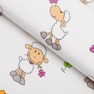Detská bavlnená látka/plátno Sandra SA-728 Veselé ovečky na bielom - šírka 160 cm - Biante.sk