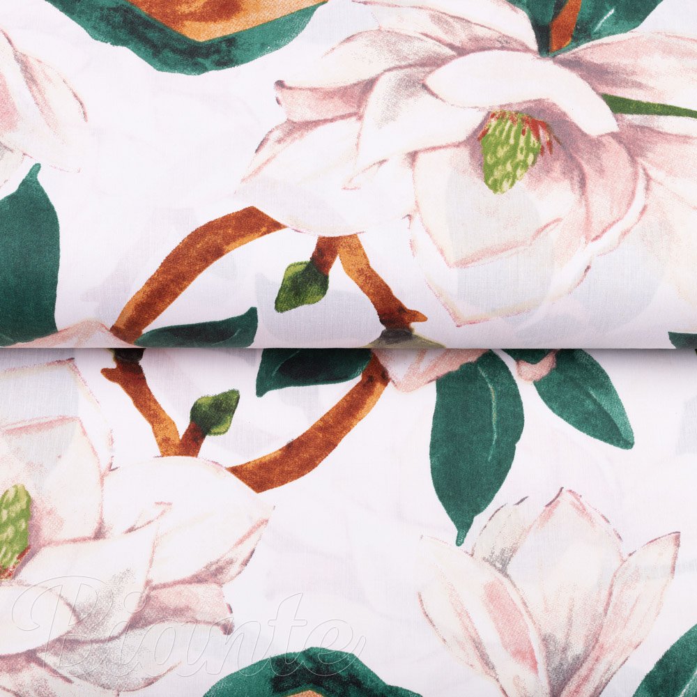 Bavlněná látka/plátno Sandra SA-293 Magnolie se zelenými listy na bílém - šířka 160 cm - detail 2 - Biante.cz