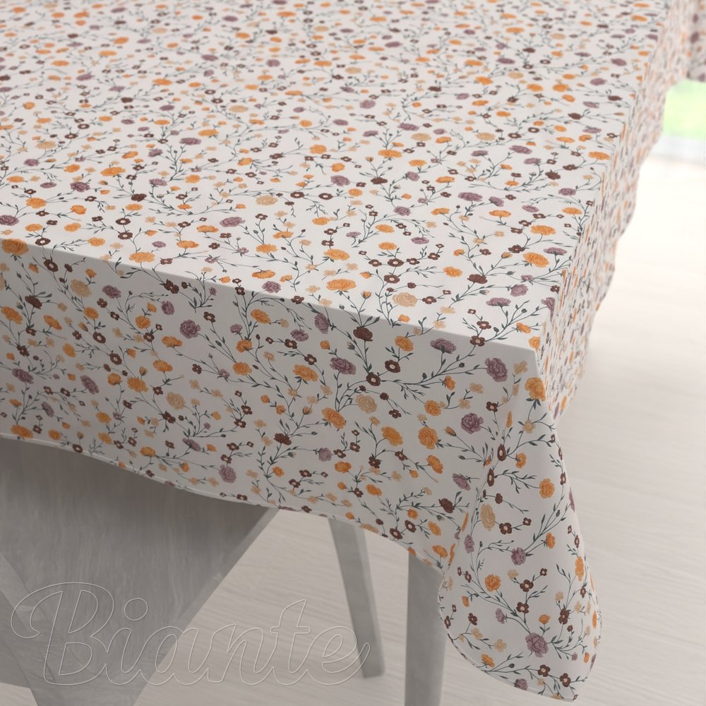 Bavlněný obdélníkový ubrus Sandra SA-720 Oranžovo-hnědo-béžové drobné květiny na smetanovém - Biante.cz