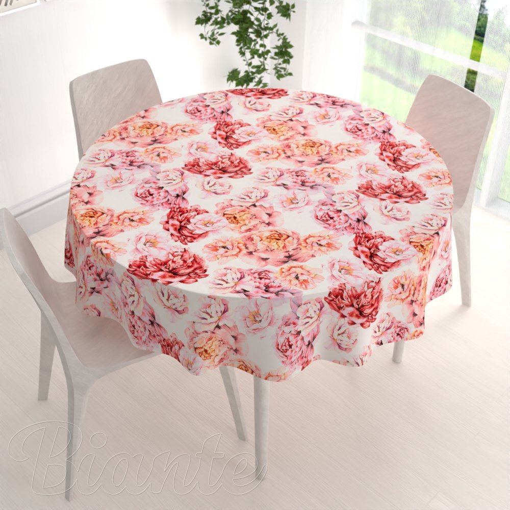 Sametový kulatý ubrus Tamara TMR-041 Růžovo-červené pivoňky na bílém - detail 1 - Biante.cz