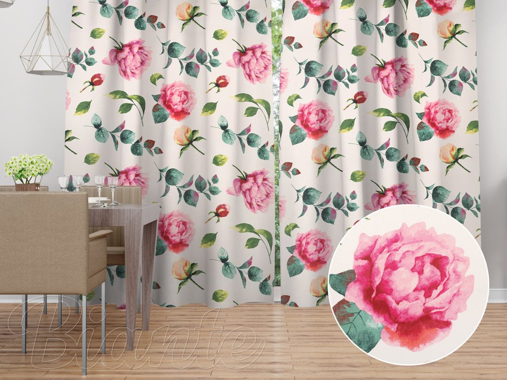 Bavlněný závěs Sandra SA-715 Velké růžovočervené pivoňky na smetanovém - Biante.cz