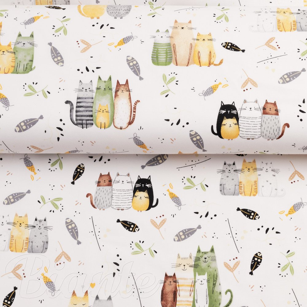 Dětská bavlněná látka/plátno Sandra SA-652 Kočičí svět zeleno-žlutý na bílém - šířka 160 cm - detail 2 - Biante.cz