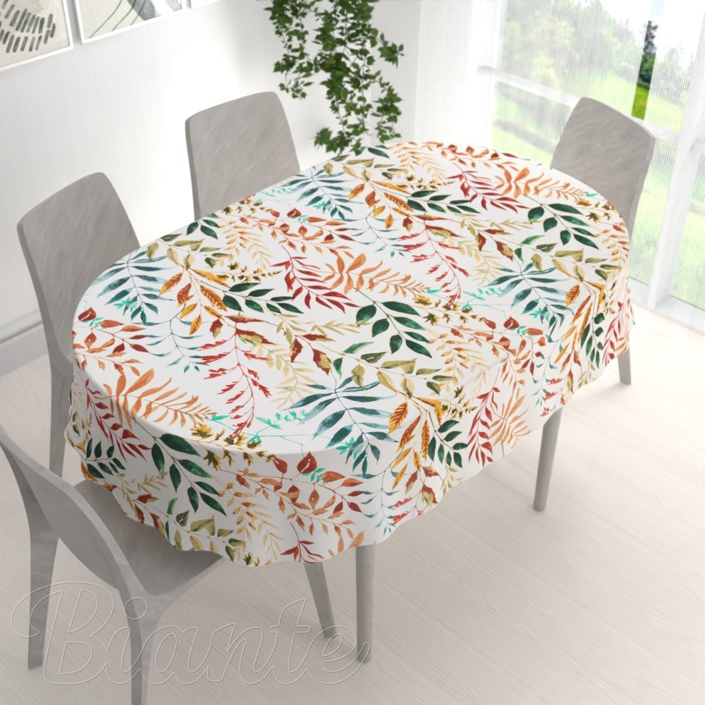 Bavlněný oválný ubrus Sandra SA-712 Podzimní větvičky s listy na bílém - detail 1 - Biante.cz