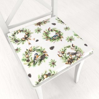 Teflónový štvorcový podsedák TF-103 Vianočné vence s vtáčikmi na bielom - 38x38x3 cm - Biante.sk