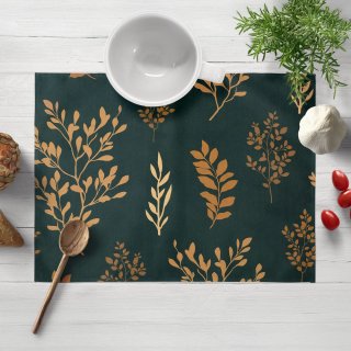 Bavlněné prostírání na stůl Sandra SA-742 Zlaté větvičky s lístky na tmavě zeleném - Biante.cz