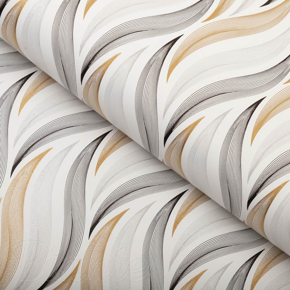 PVC obrus Zlato-strieborné designové vlnky na bielom PV-195 - metráž š. 140 cm - Biante.sk
