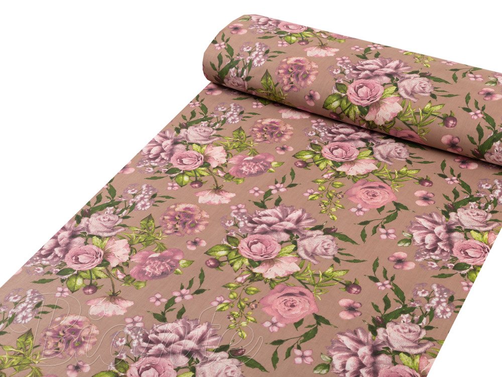 Bavlněná látka/plátno Sandra SA-554 Růže a hortenzie na hnědém - šířka 220 cm - detail 1 - Biante.cz
