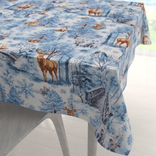Bavlněný čtvercový ubrus Sandra SA-674 Lesní zvířata v zimním lese na modrém - Biante.cz