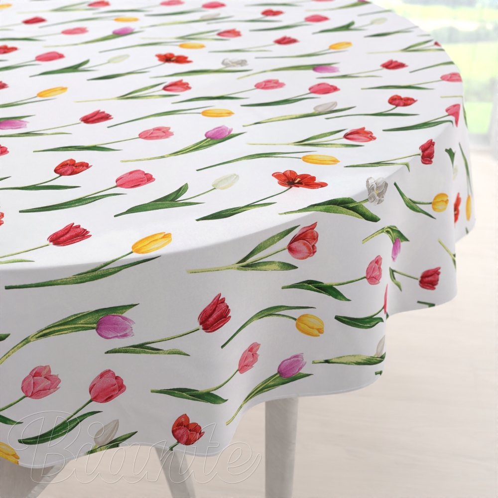Bavlněný kulatý ubrus Sandra SA-506 Tulipány na bílém - Biante.cz
