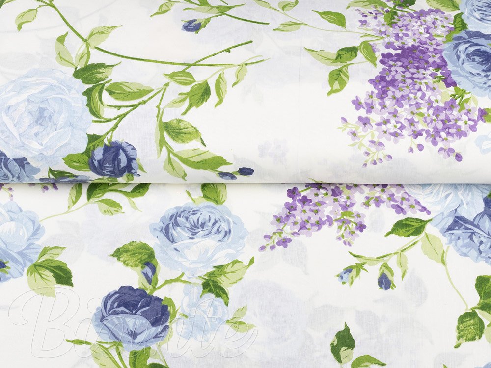 Bavlněná látka/plátno Sandra SA-386 Modré růže a šeříky na krémovém - šířka 220 cm - detail 2 - Biante.cz