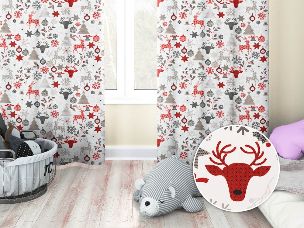 Dětský bavlněný závěs Sandra SA-541 Šedo-červené vánoční motivy na bílém - Biante.cz