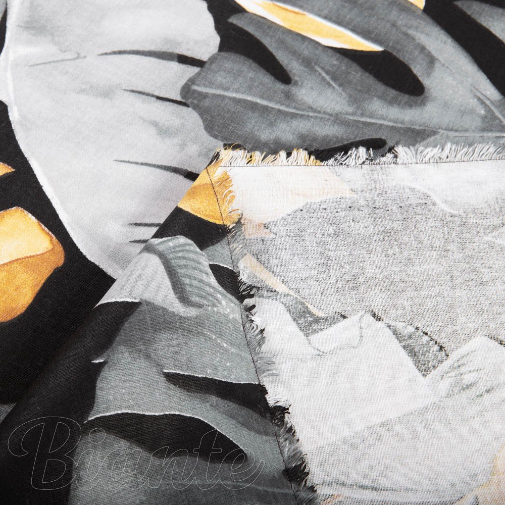 Bavlněná látka/plátno Sandra SA-228 Šedé a zlaté tropické listy na černém - šířka 160 cm - detail 4 - Biante.cz