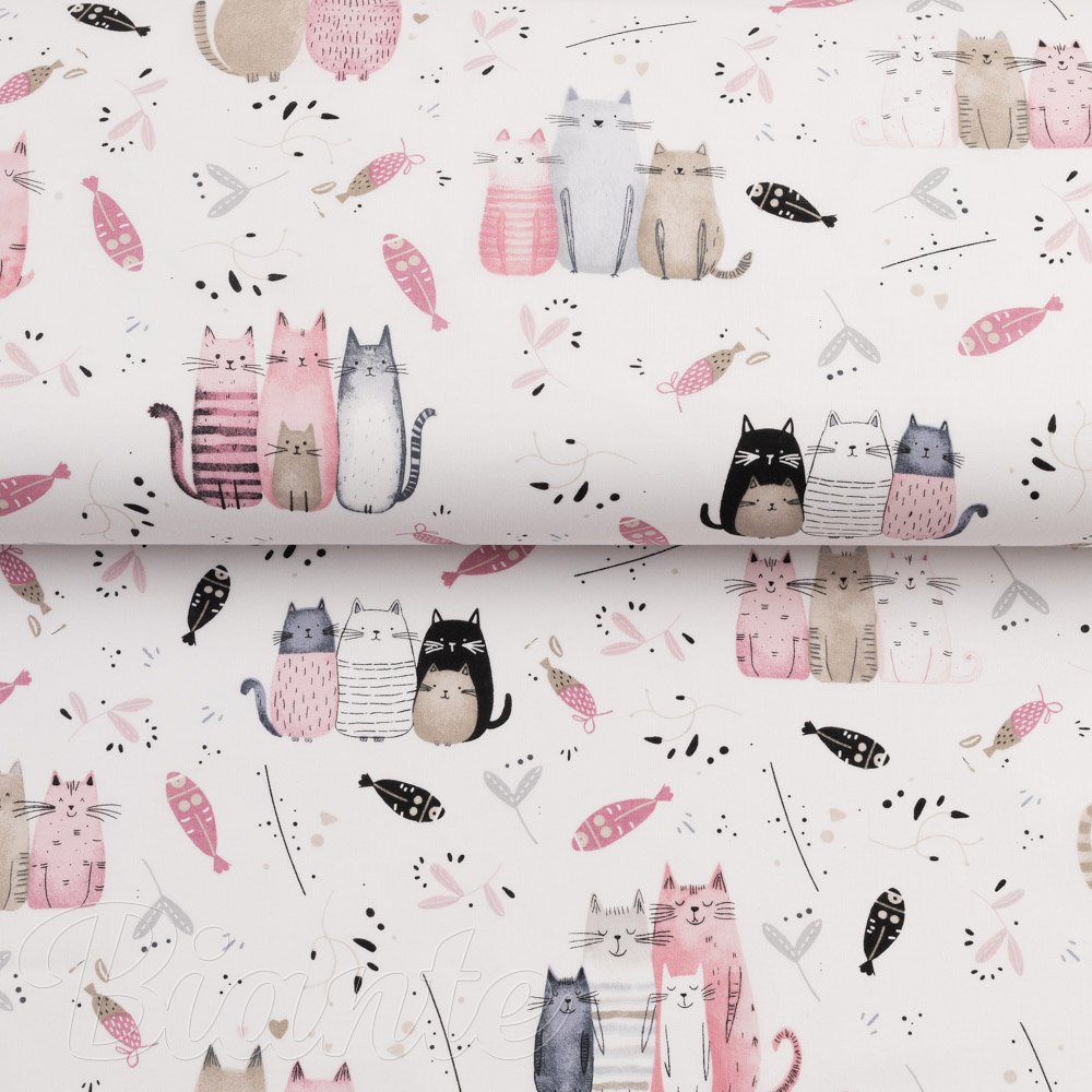 Dětská bavlněná látka/plátno Sandra SA-654 Kočičí svět růžovo-hnědý na bílém - šířka 160 cm - detail 2 - Biante.cz