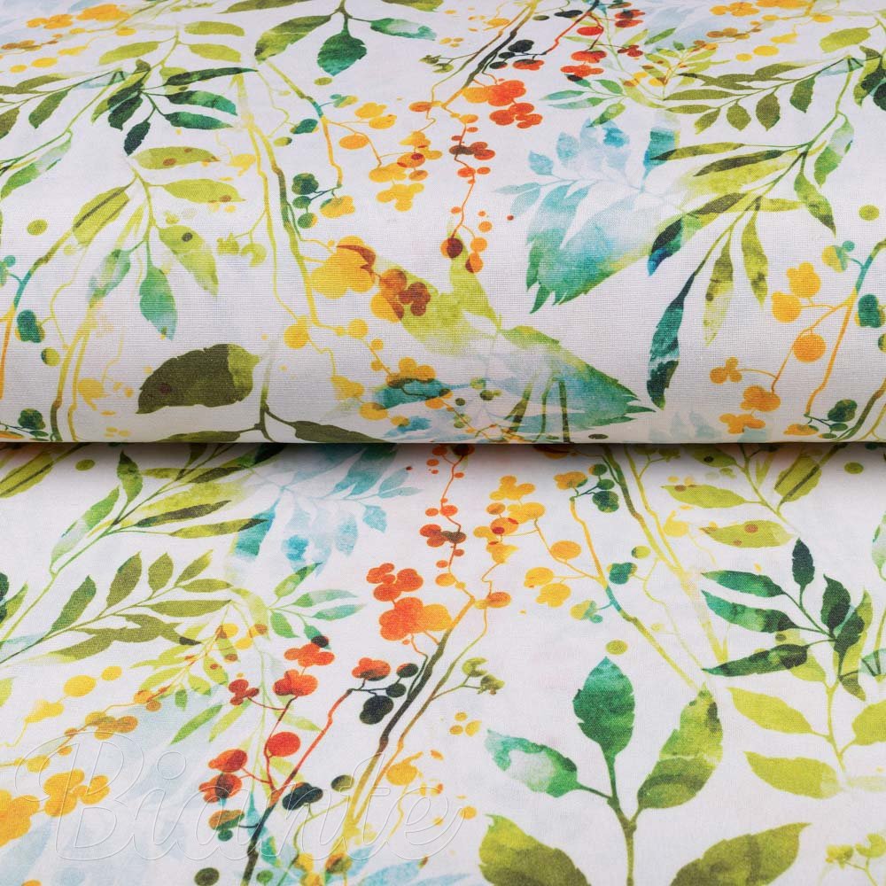 Dekorační látka PML-066 Zelené pnoucí lístky na bílém - šířka 150 cm - detail 2 - Biante.cz
