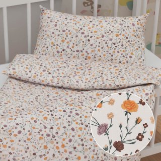 Dětské bavlněné povlečení do postýlky Sandra SA-720 Oranžovo-hnědo-béžové drobné květiny na smetanovém - Biante.cz
