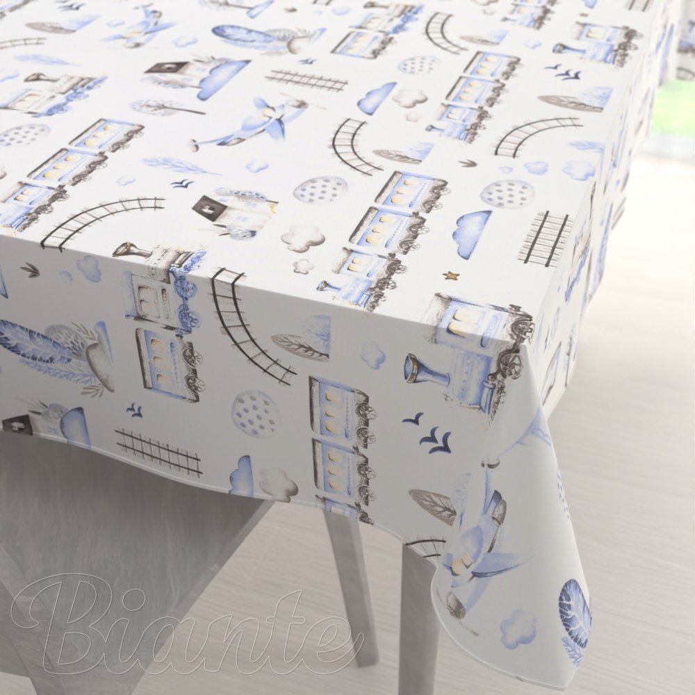 Dětský bavlněný obdélníkový ubrus Sandra SA-690 Modré vláčky s letadýlky na bílém - Biante.cz