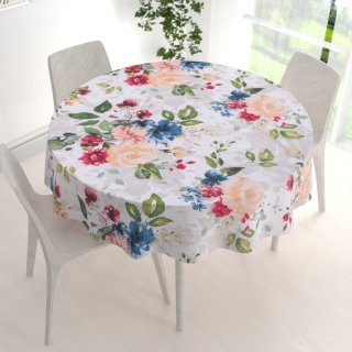 Bavlněný kulatý ubrus Sandra SA-387 Velké žluté a modré květy na bílém - detail 1 - Biante.cz