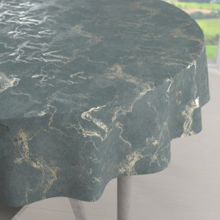 Zamatový okrúhly obrus Isabela IBL-020 Zlatý/dymový mramor na svetlo modrosivom - Biante.sk