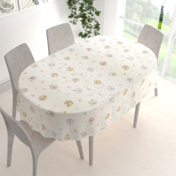 Luxusný dekoračný vianočný oválny obrus Parma PM-138 Strieborno-zlaté vianočné banky na strieborno-krémovom - detail 1 - Biante.sk