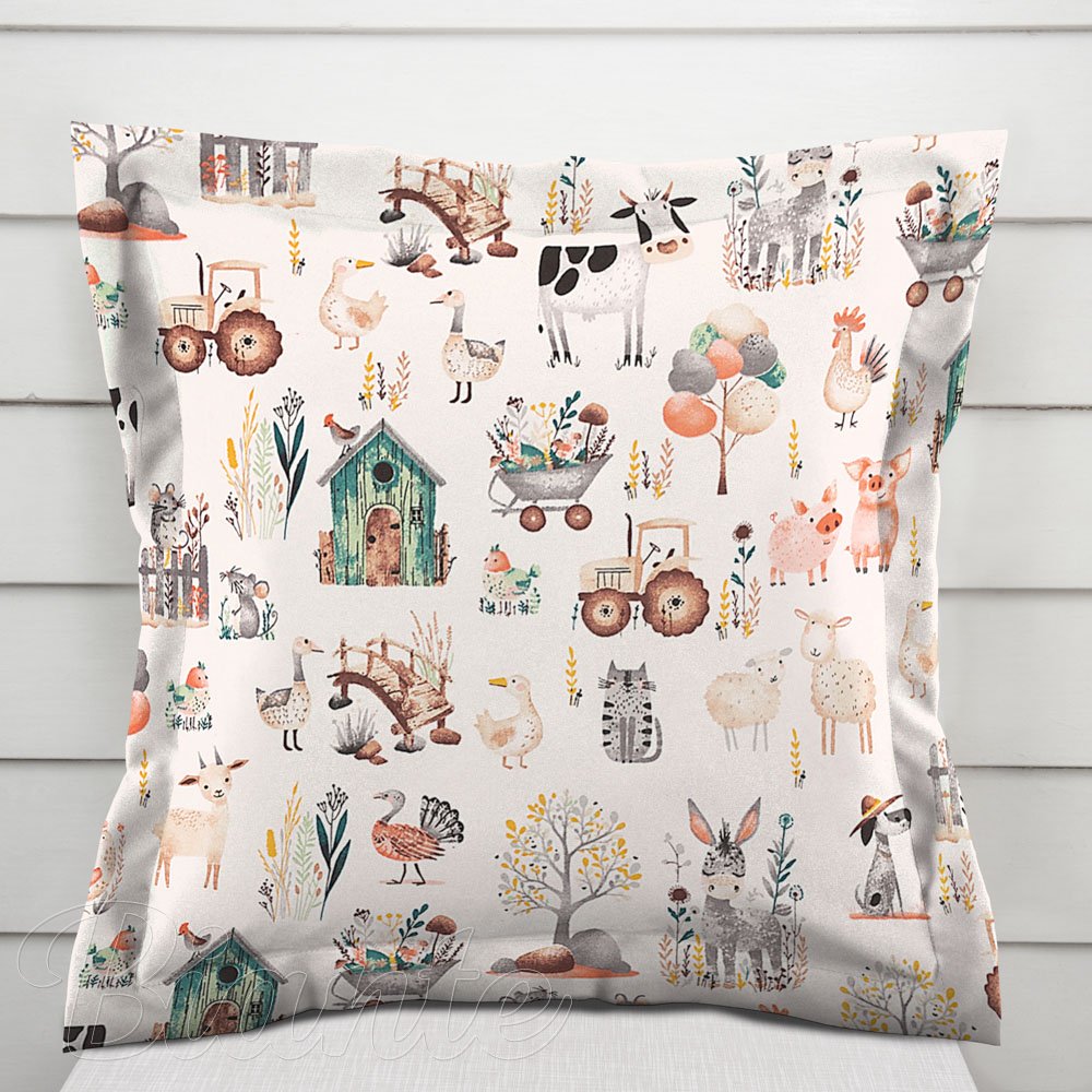 Dětský bavlněný povlak na polštář s lemem Sandra SA-563 Zvířátka na farmě na bílém - Biante.cz