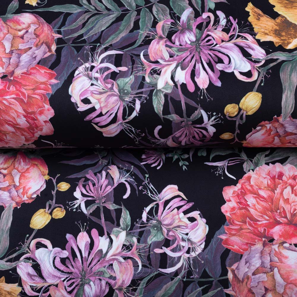 Sametová látka Tamara TMR-019 Zahradní květy na černém - šířka 150 cm - detail 3 - Biante.cz