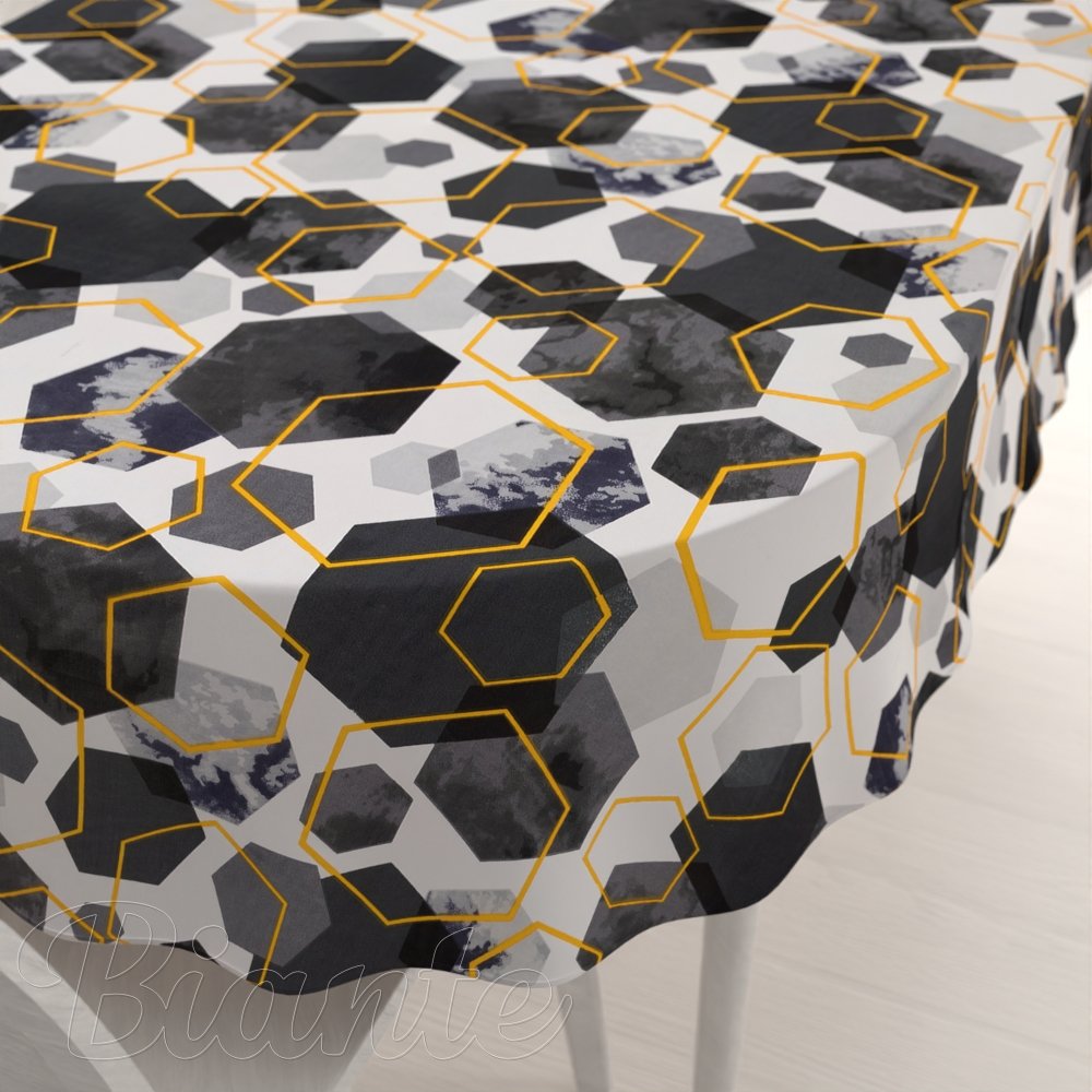 Bavlněný oválný ubrus Sandra SA-568 Šedo-modrofialové mramorové hexagony na bílém - Biante.cz