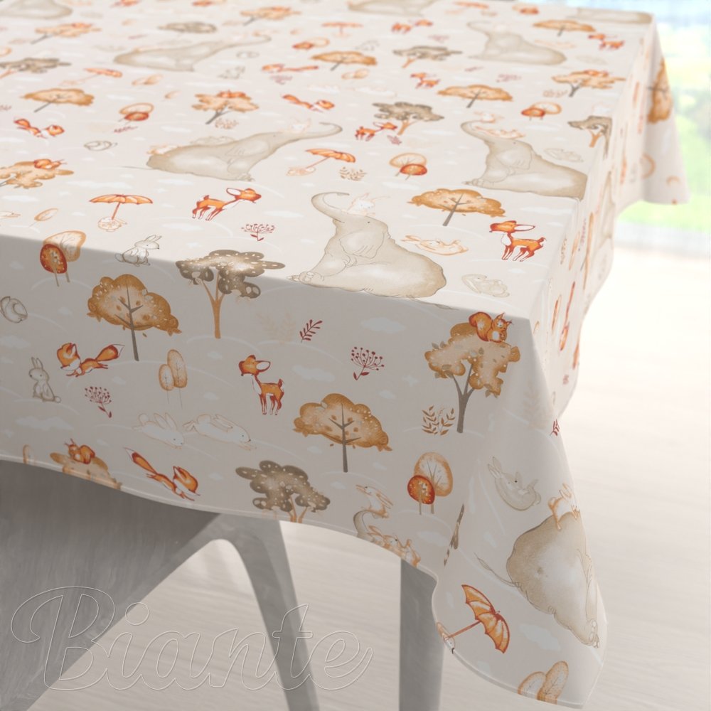 Dětský bavlněný čtvercový ubrus Sandra SA-692 Slon a jeho kamarádi na světle šedobéžovém - Biante.cz