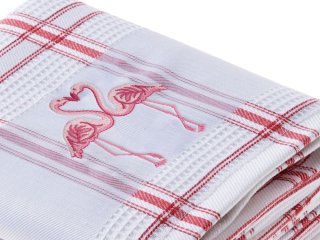 Kuchynská vaflová utierka s výšivkou Plameniaky - červené káro