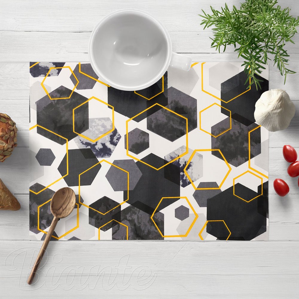 Bavlněné prostírání na stůl Sandra SA-568 Šedo-modrofialové mramorové hexagony na bílém - Biante.cz