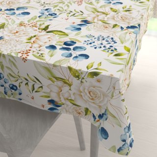 Bavlnený obdĺžnikový obrus Sandra SA-668 Kvety a modro-zelené listy na bielom - Biante.sk Bavlnený obdĺžnikový obrus Sandra SA-668 Kvety a modro-zelené listy na bielom - Biante.sk
