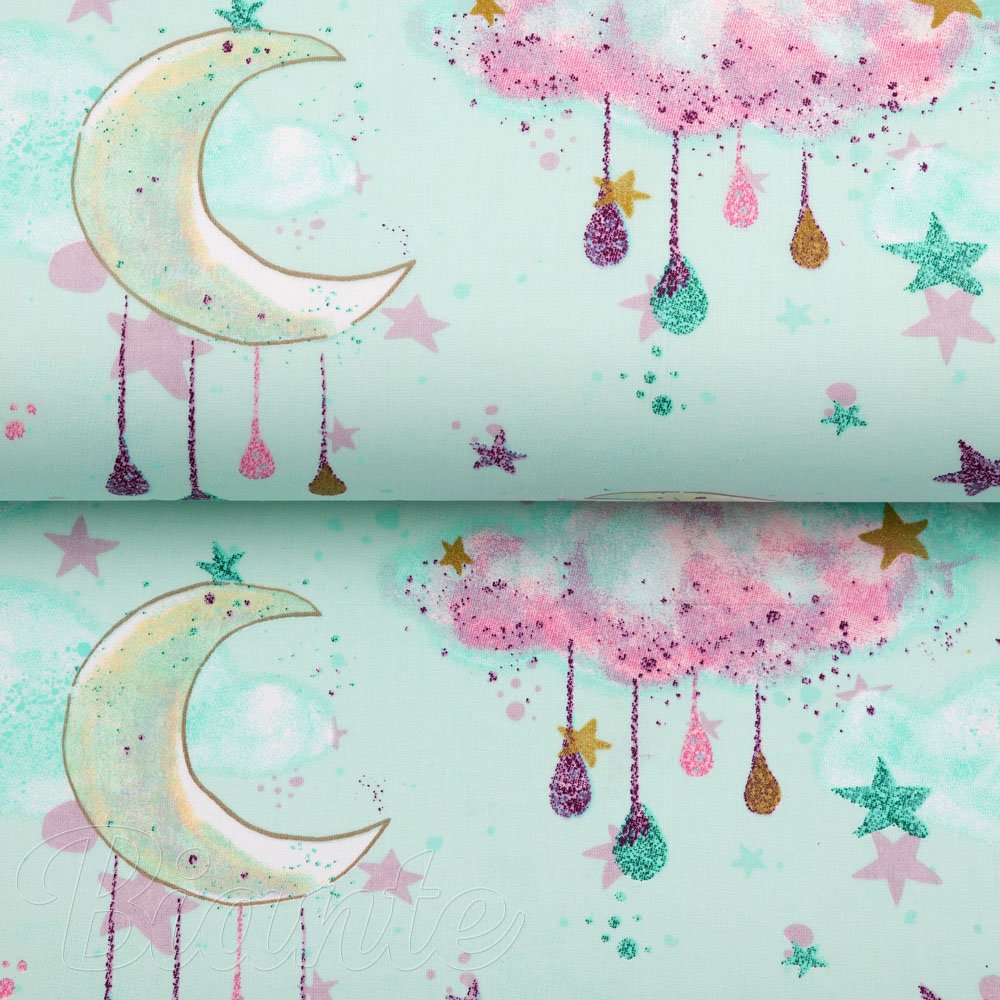 Dětská bavlněná látka/plátno Sandra SA-522 Měsíční obloha na mintovém - šířka 160 cm - detail 2 - Biante.cz