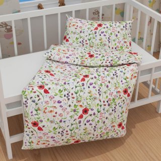 Detské bavlnené posteľné obliečky do postieľky Sandra SA-608 Červeno-fialové lúčne kvety s motýlikmi a čmeliakmi na bielom - detail 1 - Biante.sk