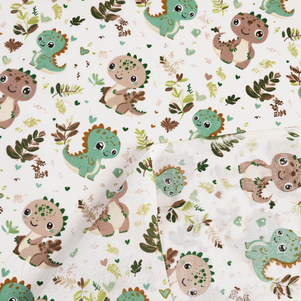 Dětská bavlněná látka/plátno Sandra SA-657 Zeleno-hnědí dinosauříci na bílém - šířka 160 cm - detail 4 - Biante.cz