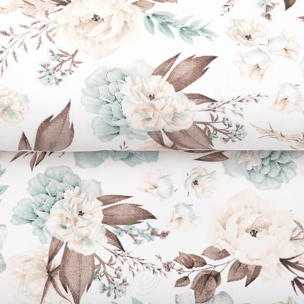 Bavlněná látka/plátno Sandra SA-451 Žluto-hnědo-mintové růže na bílém - šířka 160 cm - detail 2 - Biante.cz