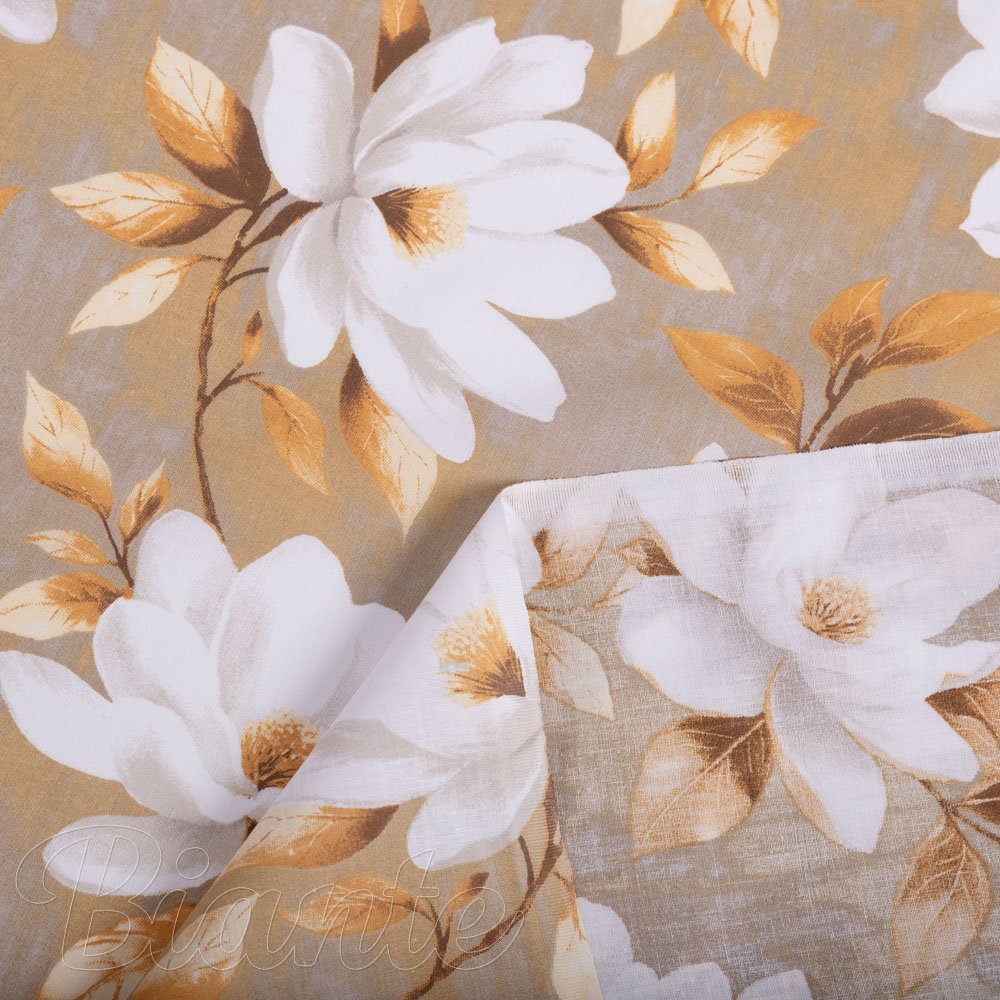 Bavlněná látka/plátno Sandra SA-717 Bílé květy magnolie na hnědošedém - šířka 160 cm - detail 4 - Biante.cz
