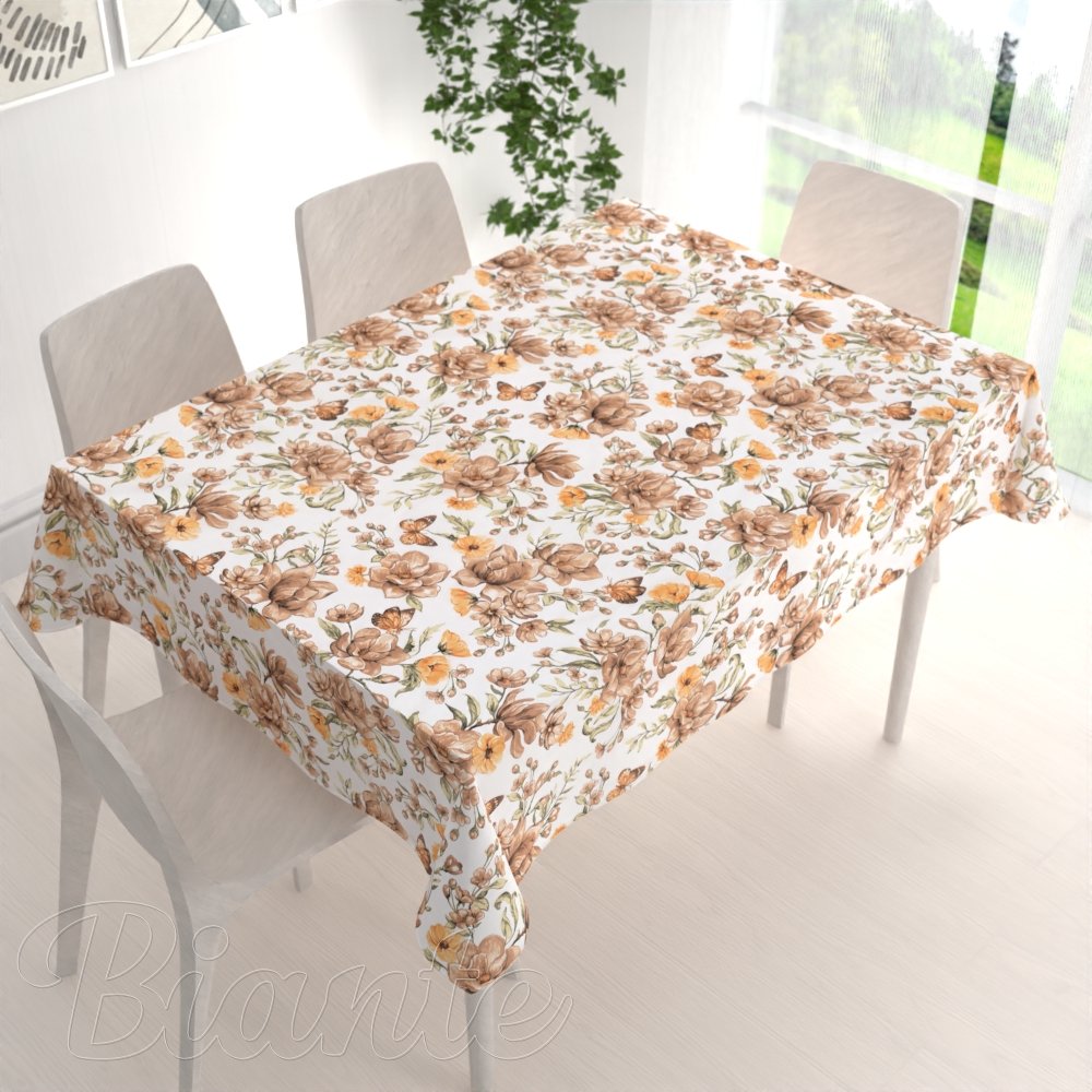 Bavlněný obdélníkový ubrus Sandra SA-458 Hnědé květy magnolie s motýlky na bílém - detail 1 - Biante.cz