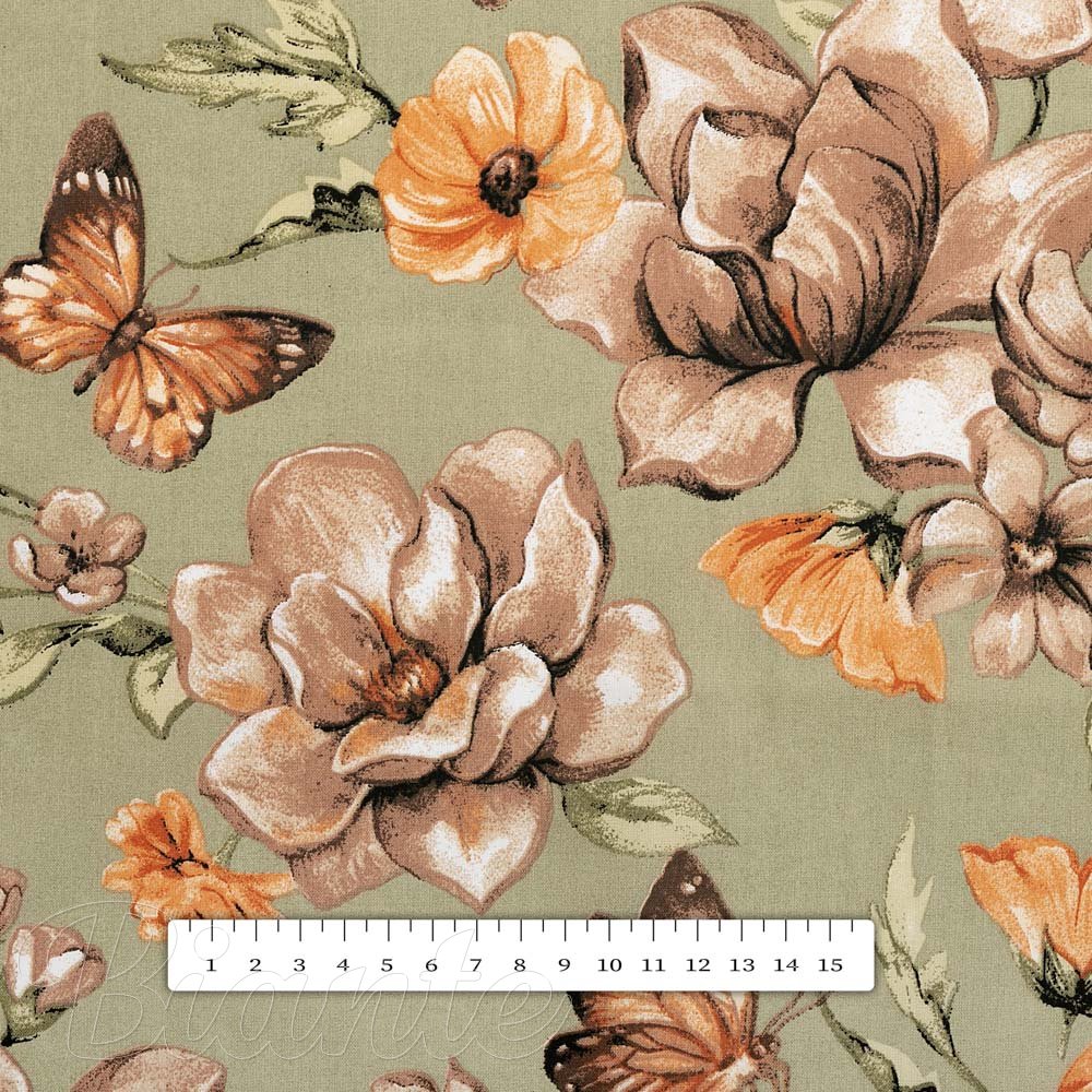 Bavlněná látka/plátno Sandra SA-472 Hnědé květy magnolie na zeleném - šířka 160 cm - detail 3 - Biante.cz